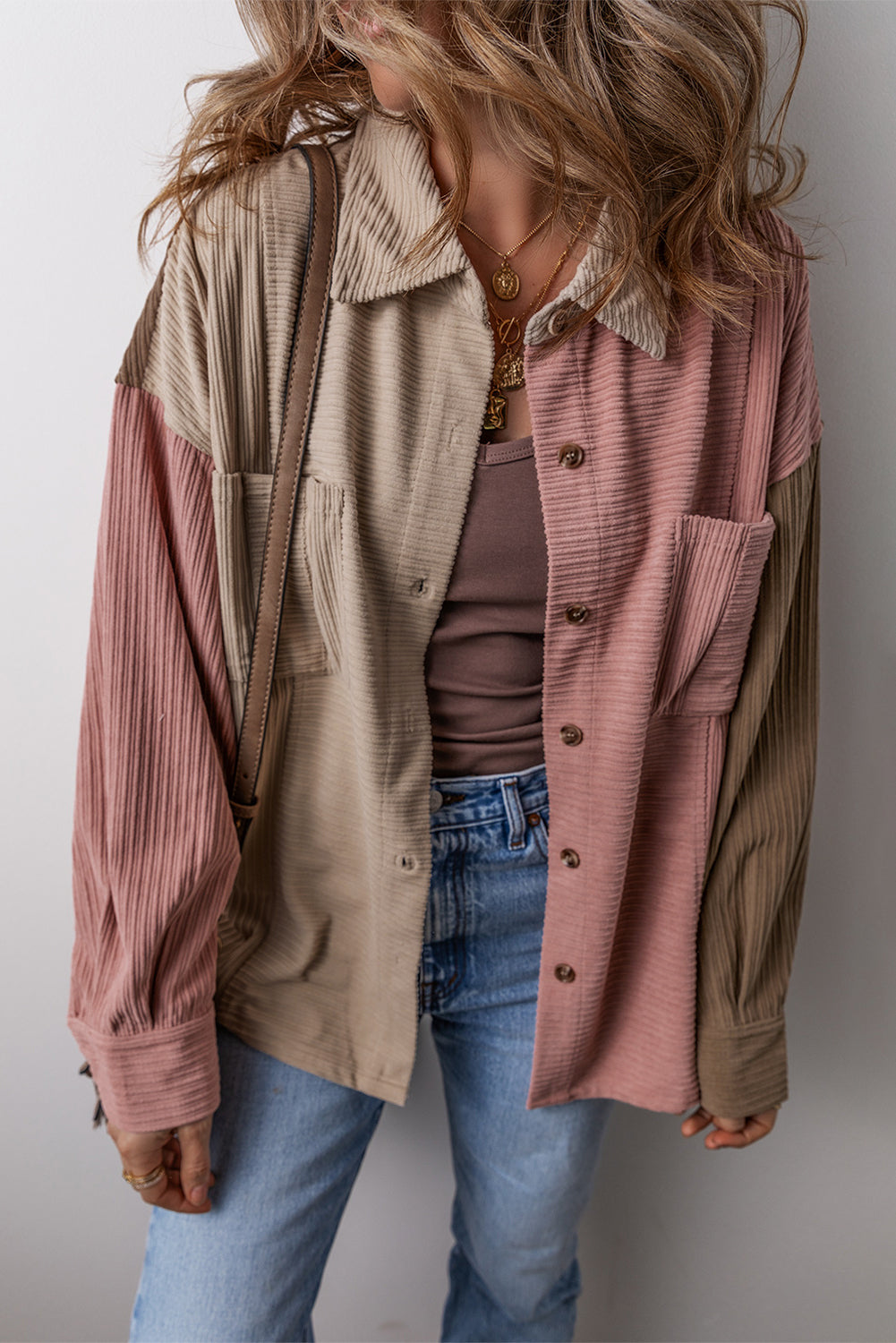 Mineral Red Color Block Chest Pockets Buttoned Corduroy Shacket - Glimmer Road