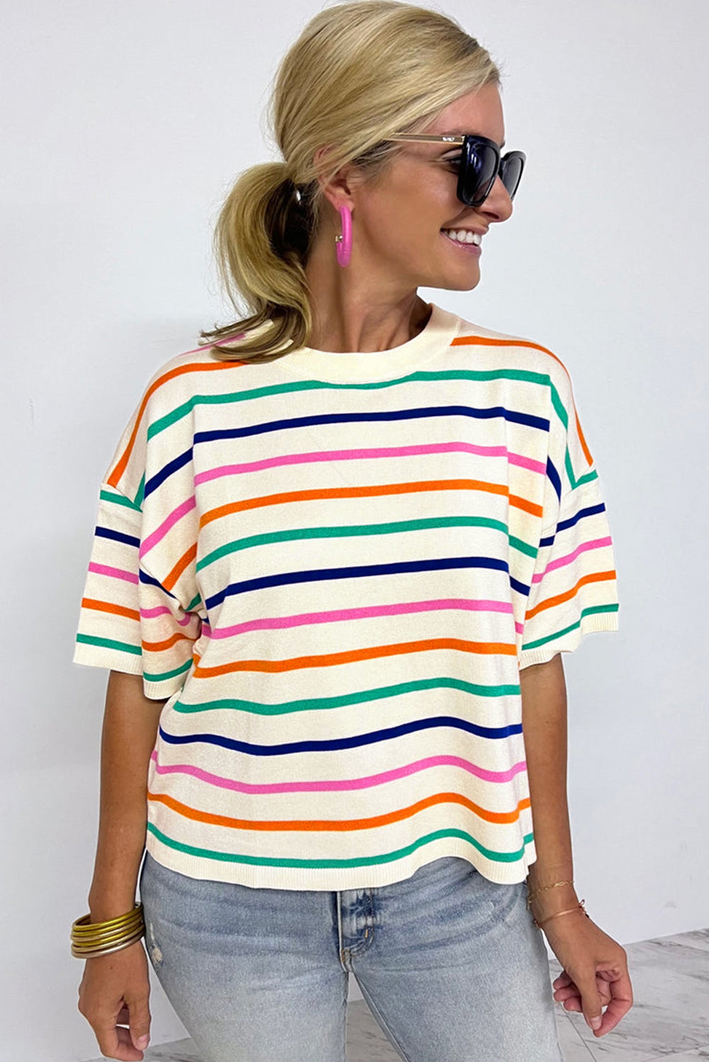 Beige Stripe Dropped Short Sleeve Boxy Fit Knitted Top - Glimmer Road