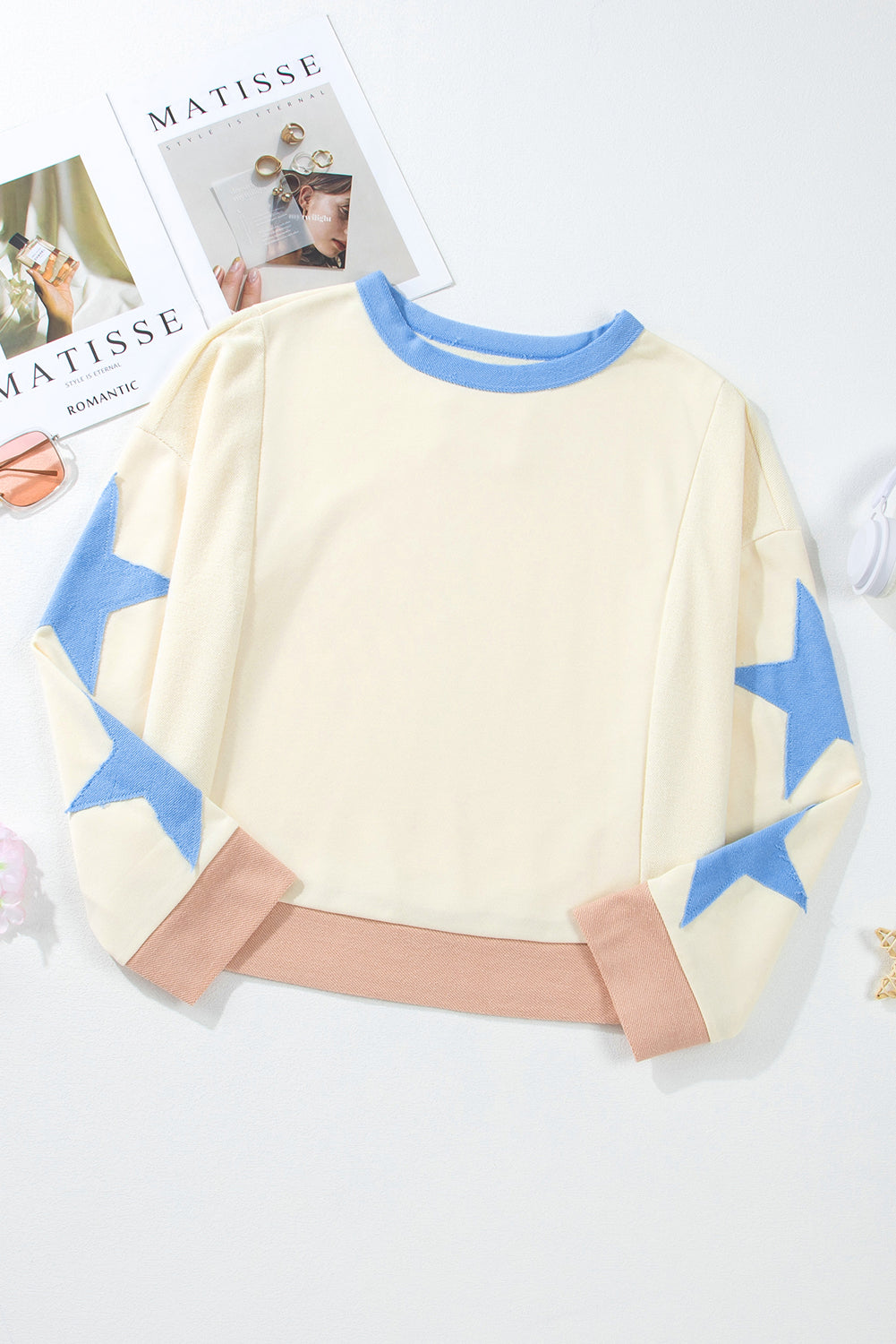 Beige Star Patchwork Exposed Seam Oversized Sweatshirt - Glimmer Road