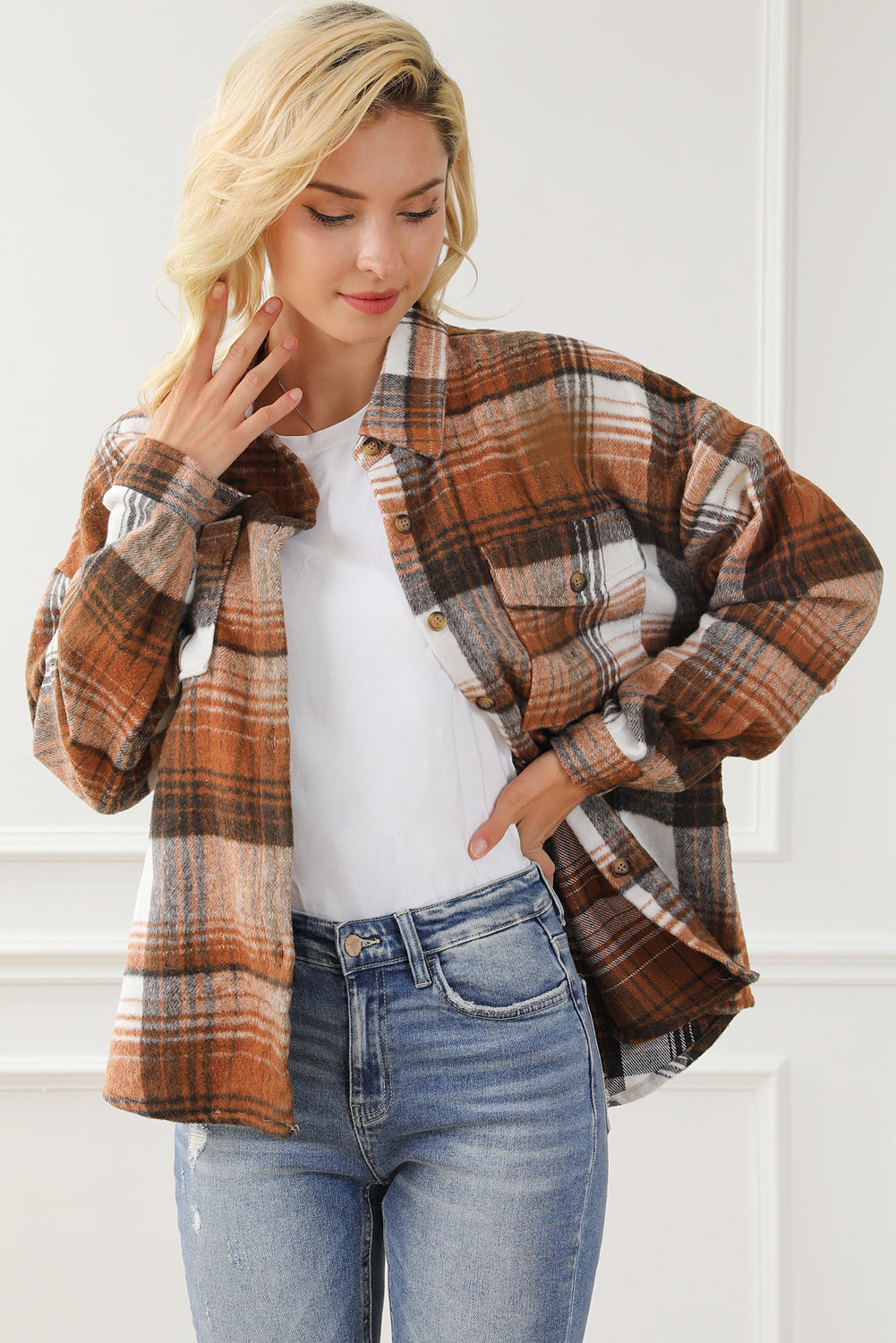 Brown Plaid Flap Pockets Shacket - Glimmer Road