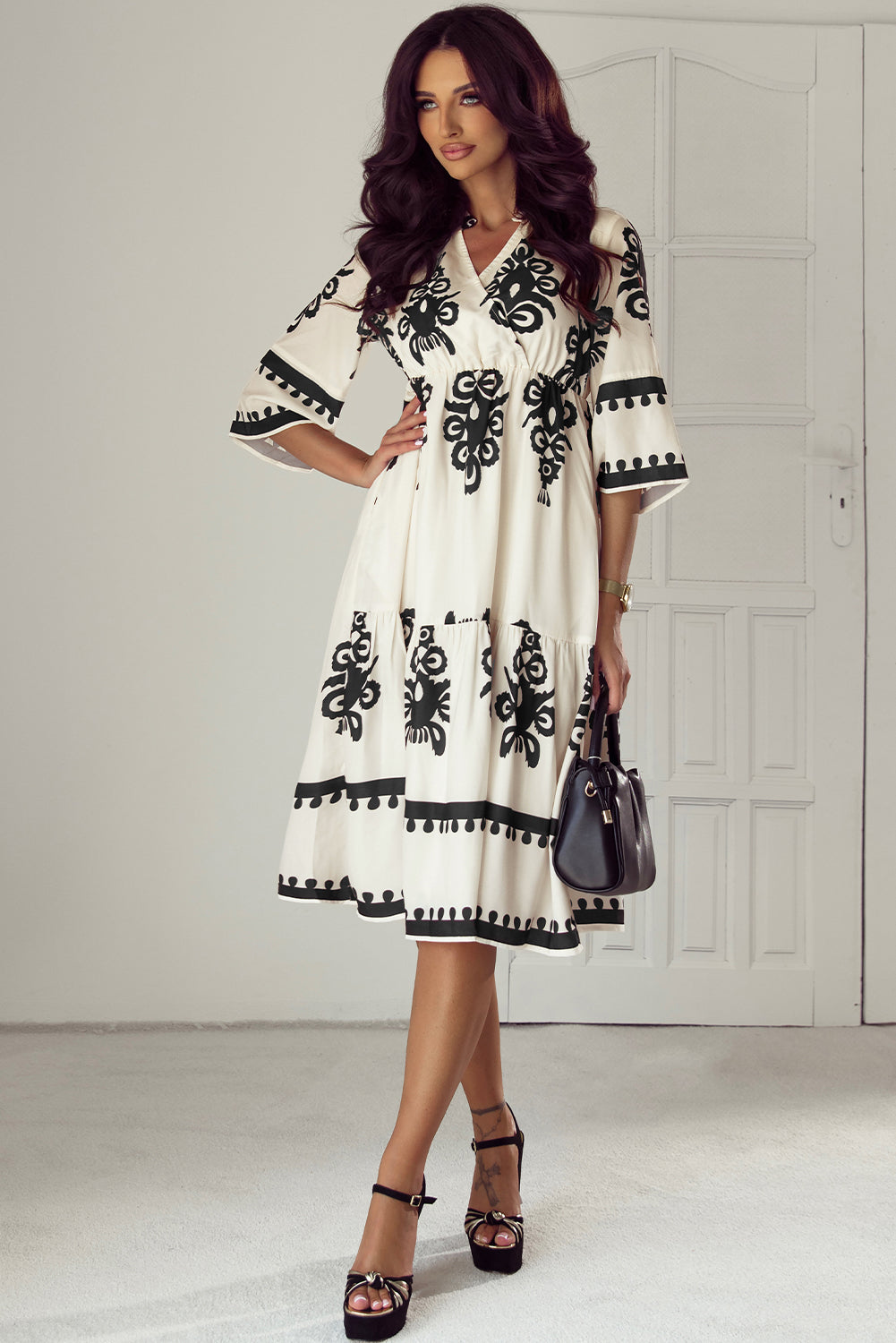 Beige Western Geometric Print 3/4 Sleeve Loose Midi Dress - Glimmer Road
