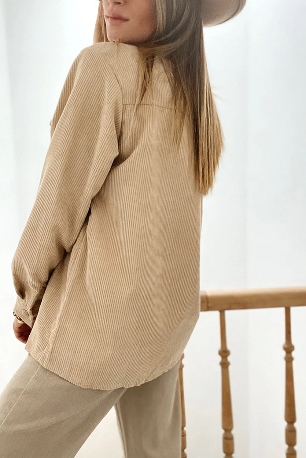 Light French Beige Solid Frilled Flap Pocket Button Up Corduroy Shacket - Glimmer Road