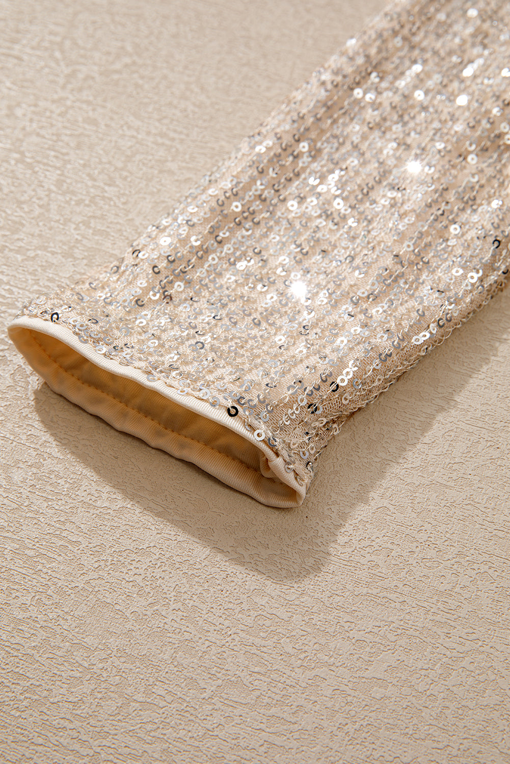 Beige Sequin Long Sleeve Wrap V Neck Bodysuit - Glimmer Road