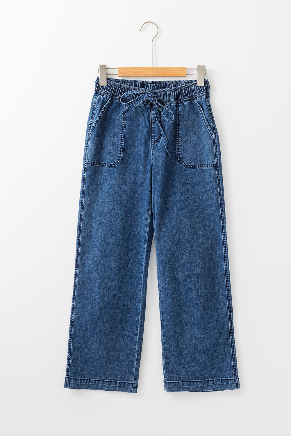 Sail Blue Mineral Wash Drawstring Waist Loose Straight Denim Pants - Glimmer Road