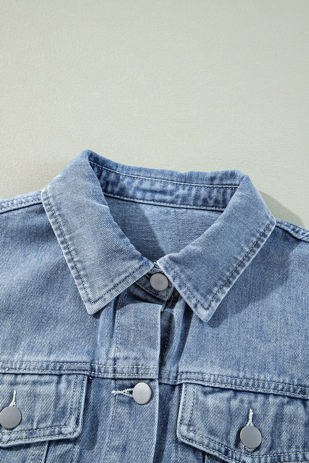 Beau Blue Ruffle Raw Hem Flap Pockets Denim Jacket - Glimmer Road