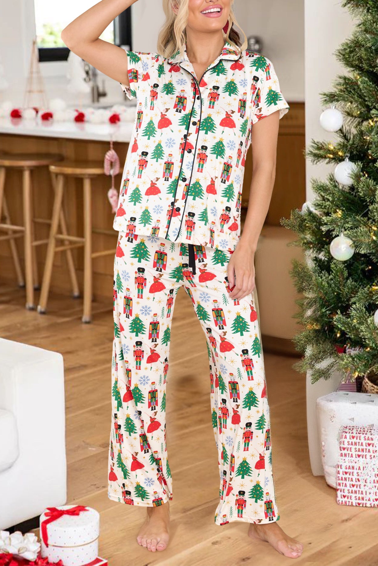 White Printed Christmas Pattern Buttoned Two Piece Sleepwear - Glimmer Road