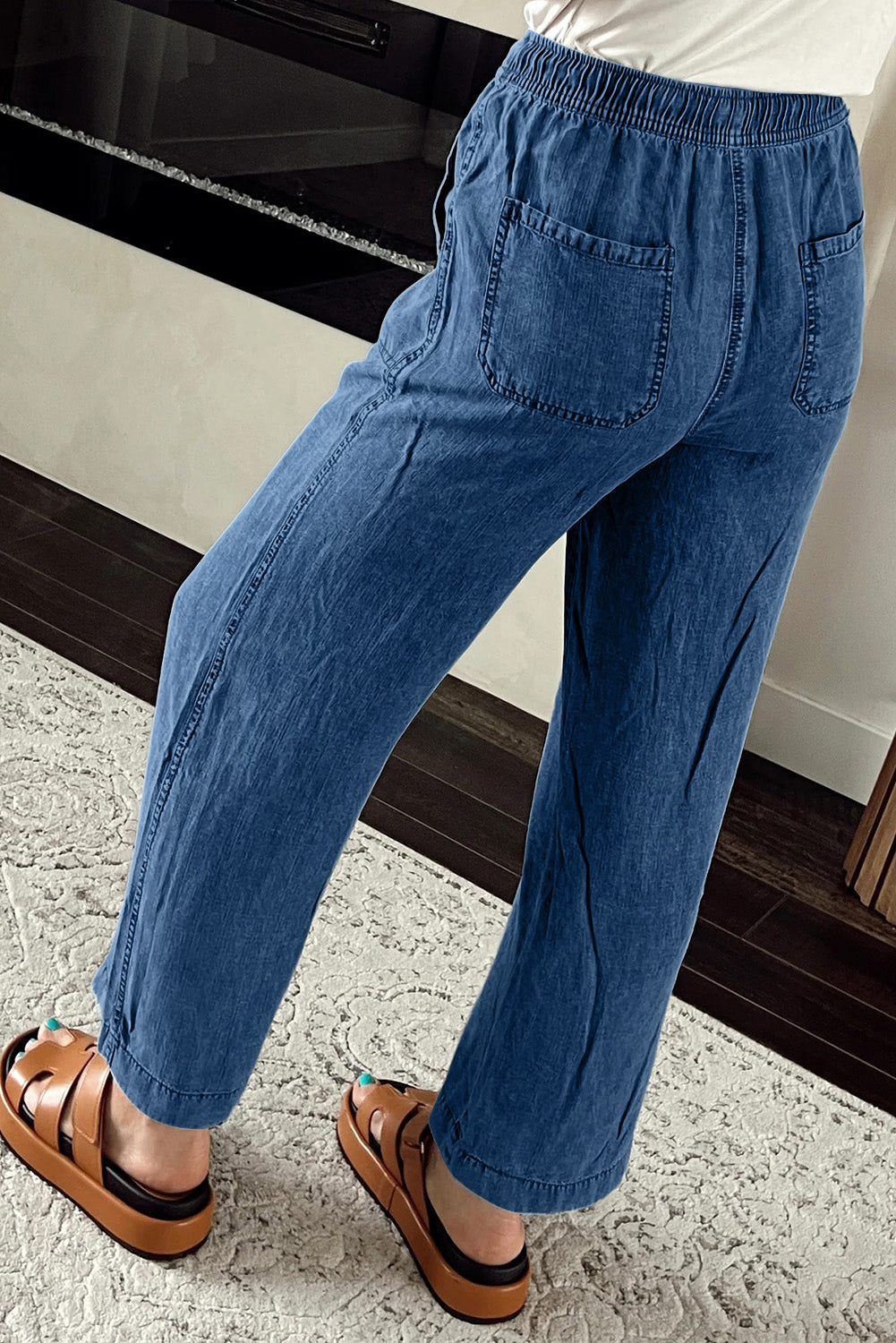 Sail Blue Mineral Wash Drawstring Waist Loose Straight Denim Pants - Glimmer Road