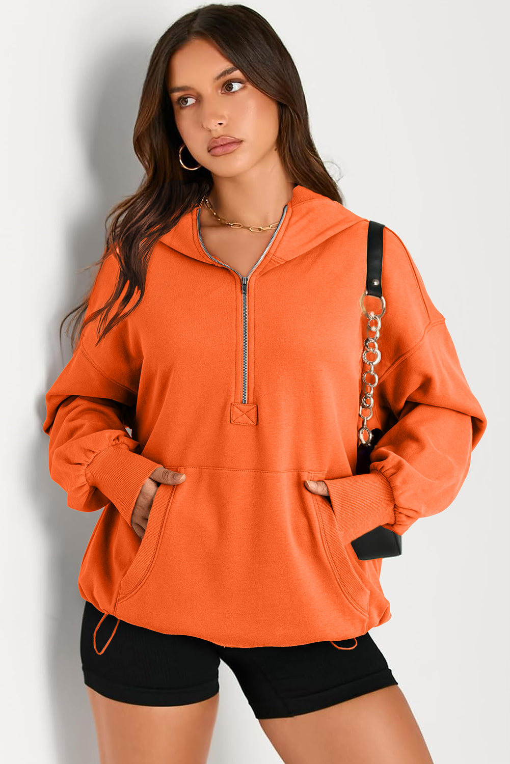 Orange Solid Kangaroo Pocket Half Zipper Oversized Hoodie - Glimmer Road