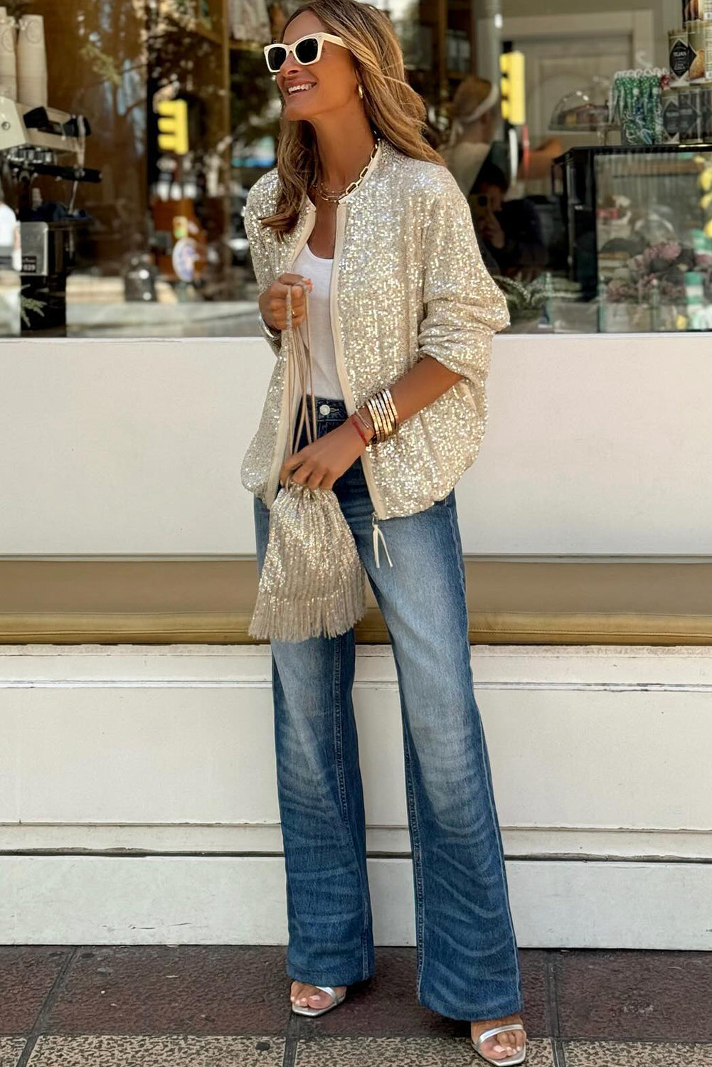 Apricot Sequin Zip up Round Neck Long Sleeve Jacket - Glimmer Road