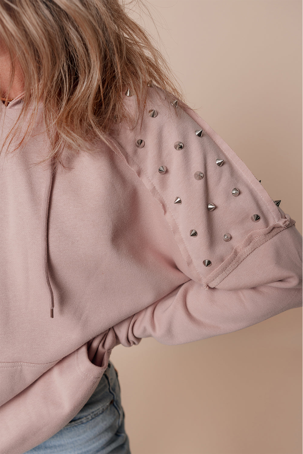 Fushia Solid Color Rivet Stud Raglan Sleeve Hoodie with Pocket - Glimmer Road