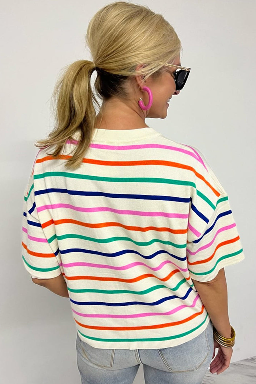 Beige Stripe Dropped Short Sleeve Boxy Fit Knitted Top - Glimmer Road