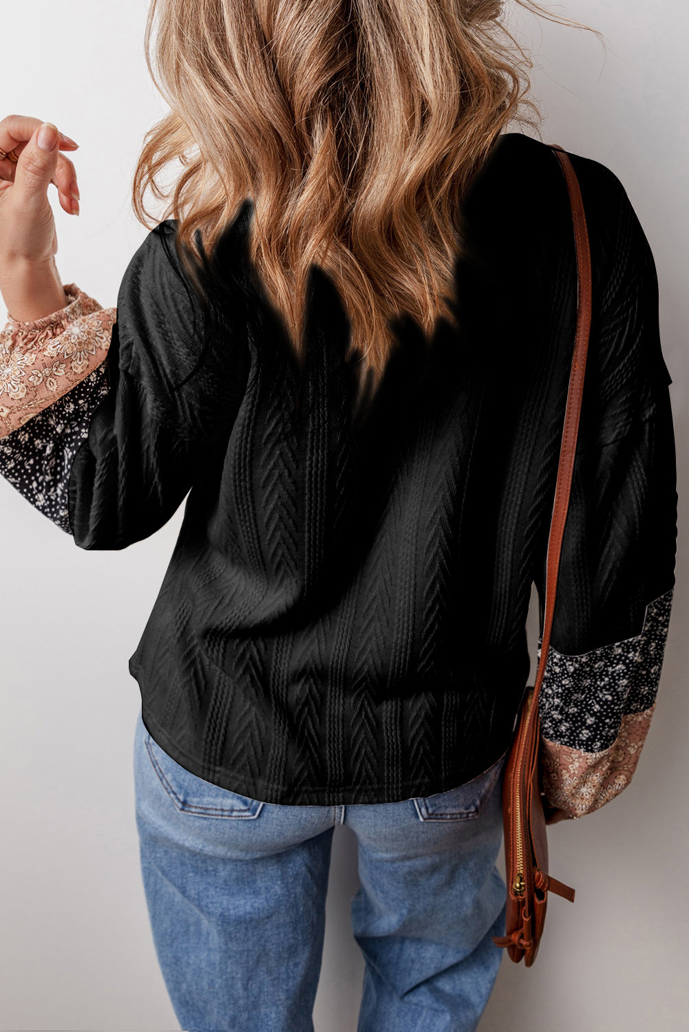 Black Floral Patchwork Textured Knit Drawstring V Neck Blouse - Glimmer Road