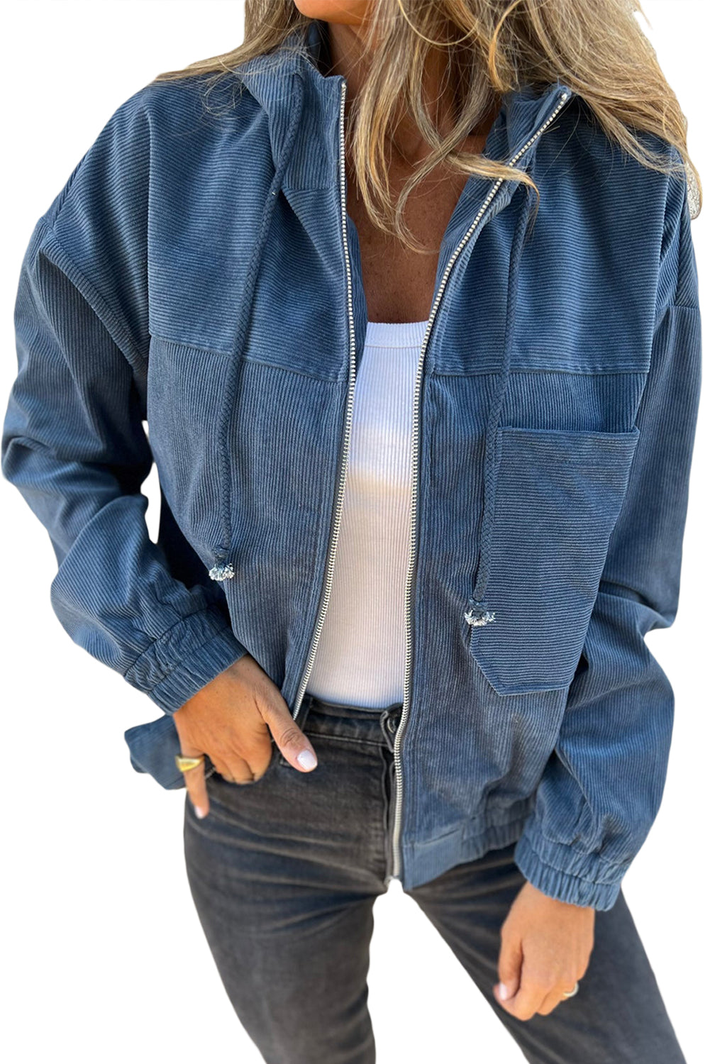 Real Teal Corduroy Drawstring Hooded Pocket Zip Up Jacket - Glimmer Road