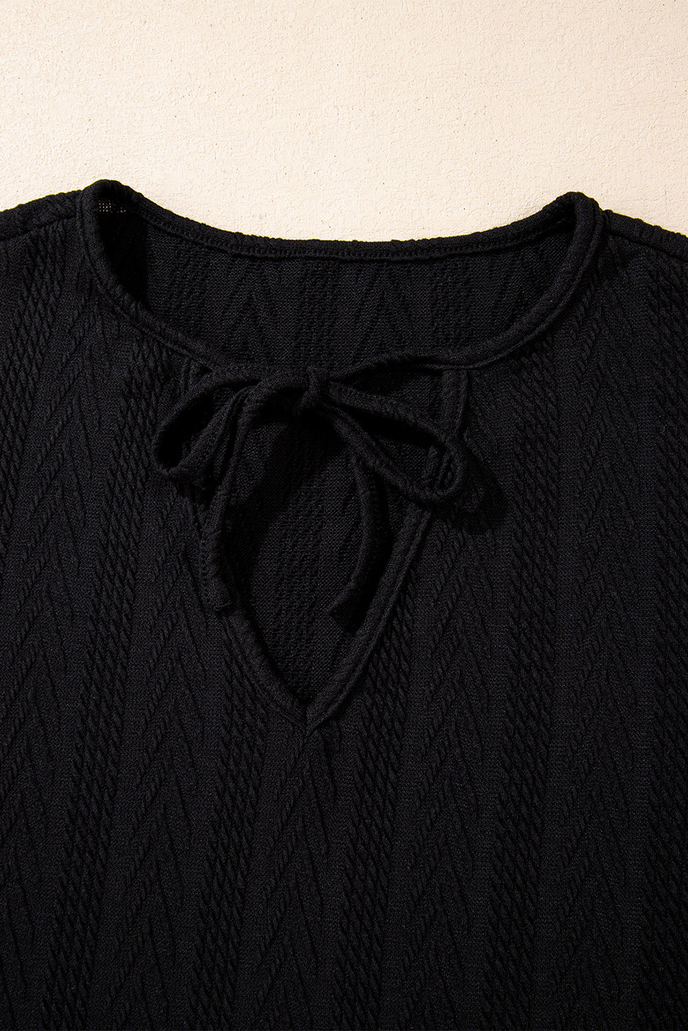 Black Floral Patchwork Textured Knit Drawstring V Neck Blouse - Glimmer Road