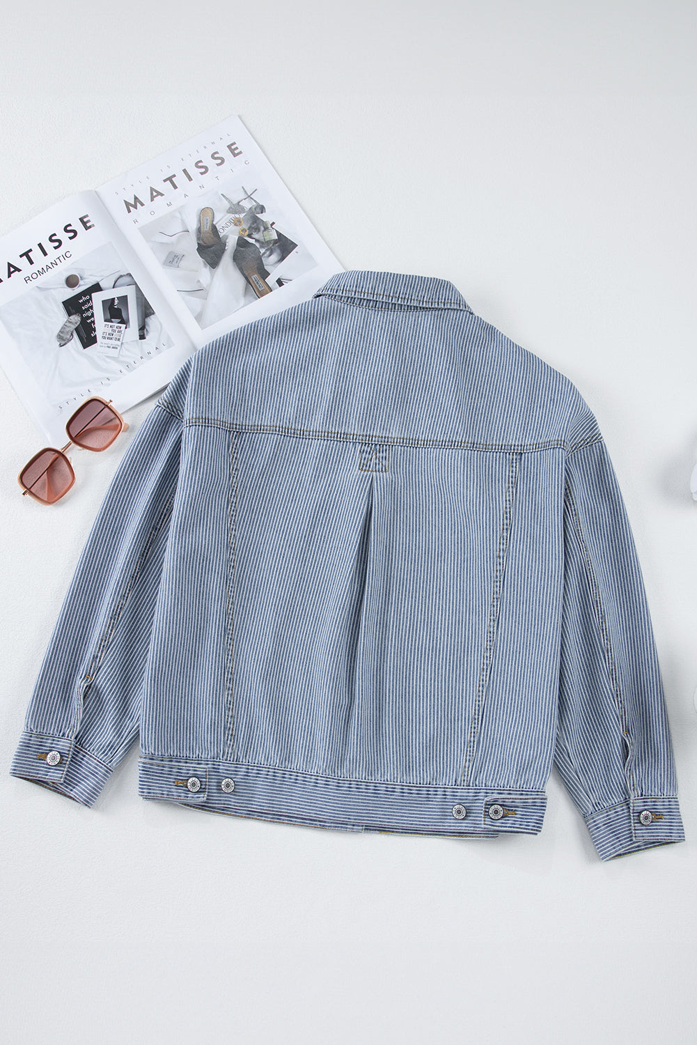 Sky Blue Stripe Washed Oversize Pocketed Denim Jacket - Glimmer Road