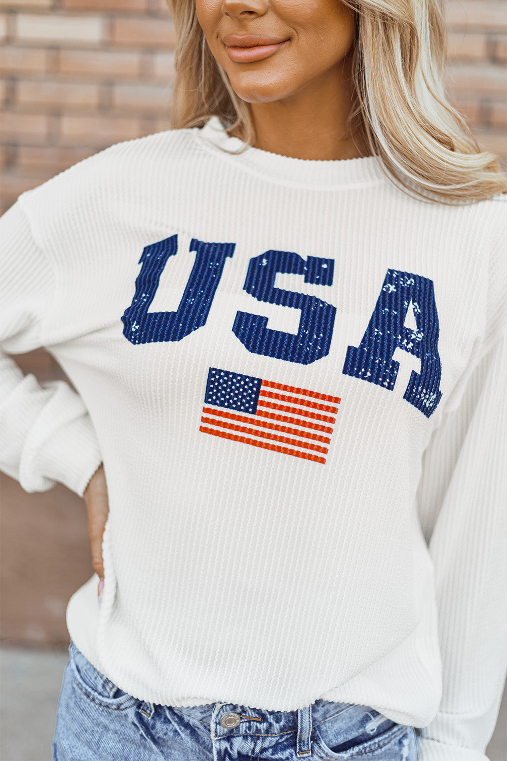 White USA Flag Corded Graphic Sweatshirt - Glimmer Road