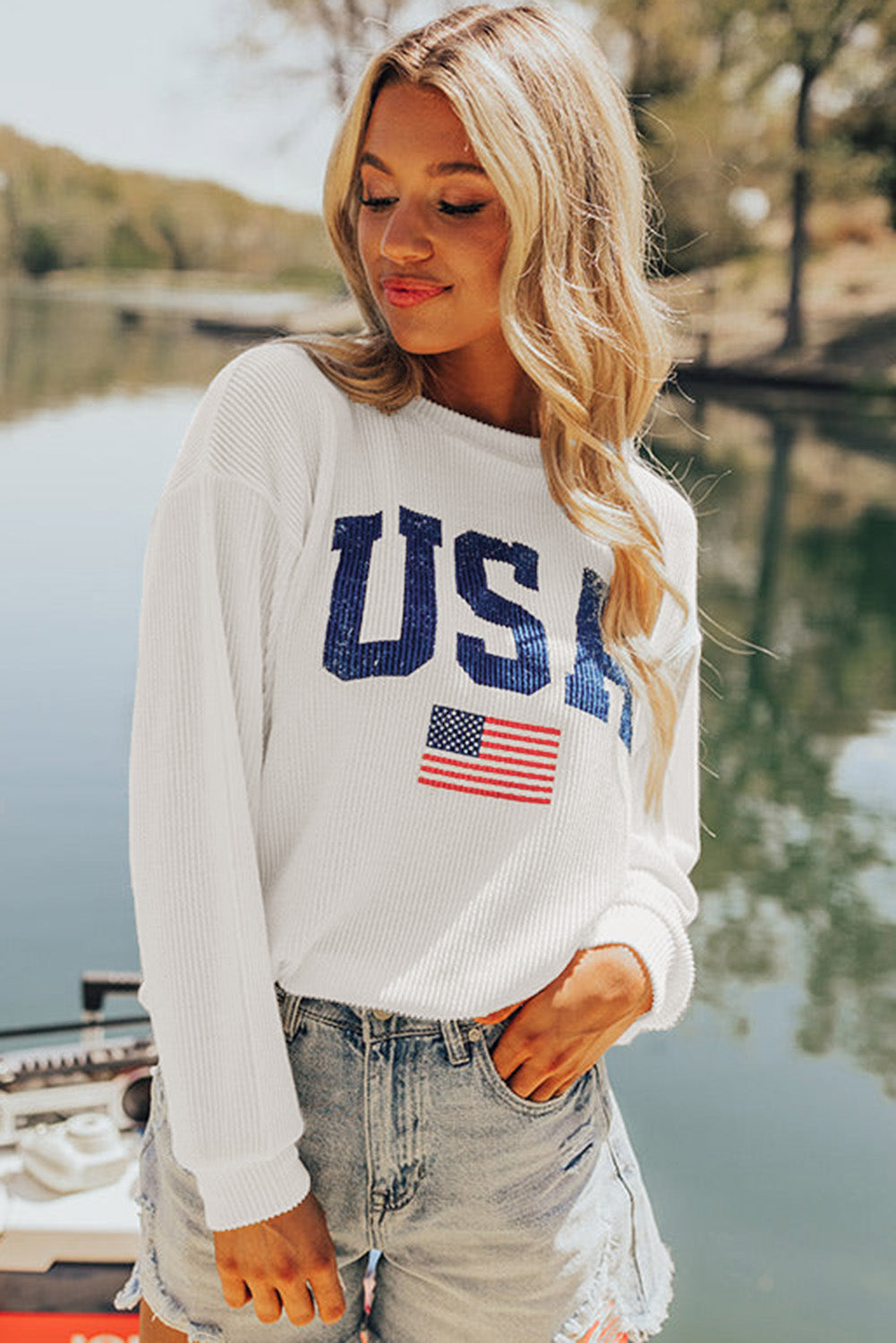 White USA Flag Corded Graphic Sweatshirt - Glimmer Road