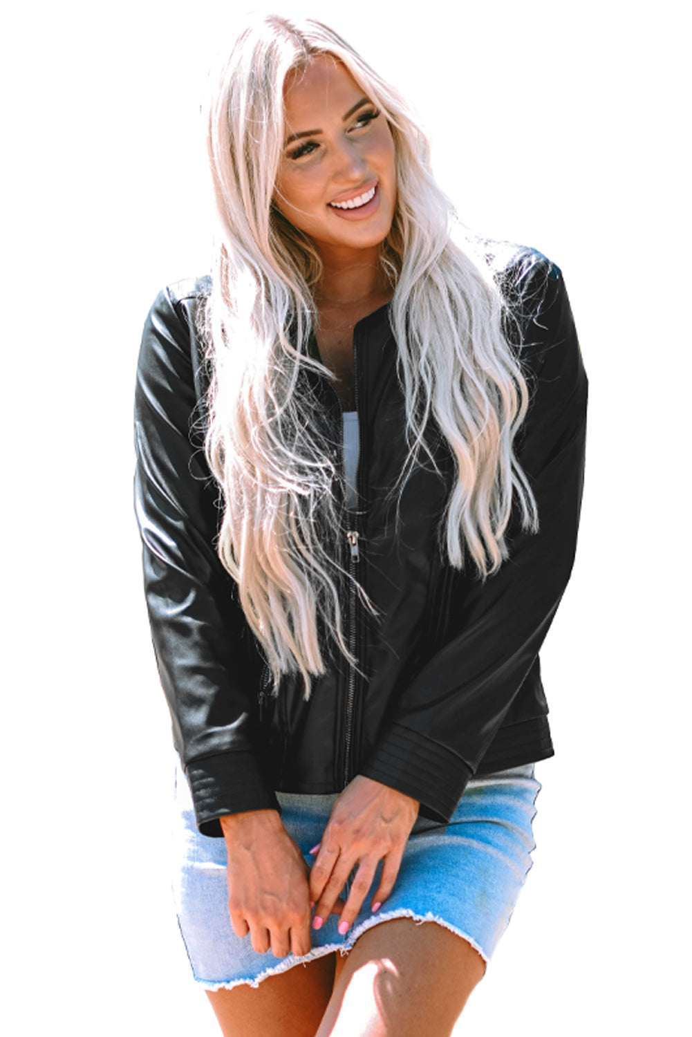 Black Solid Faux Leather Zipper Slim Fit Bomber Jacket - Glimmer Road