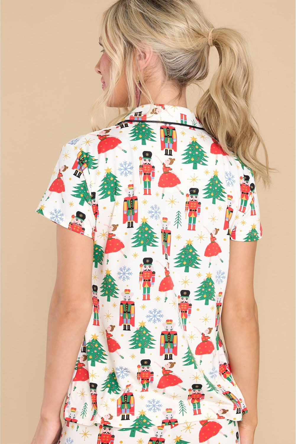 White Printed Christmas Pattern Buttoned Two Piece Sleepwear - Glimmer Road