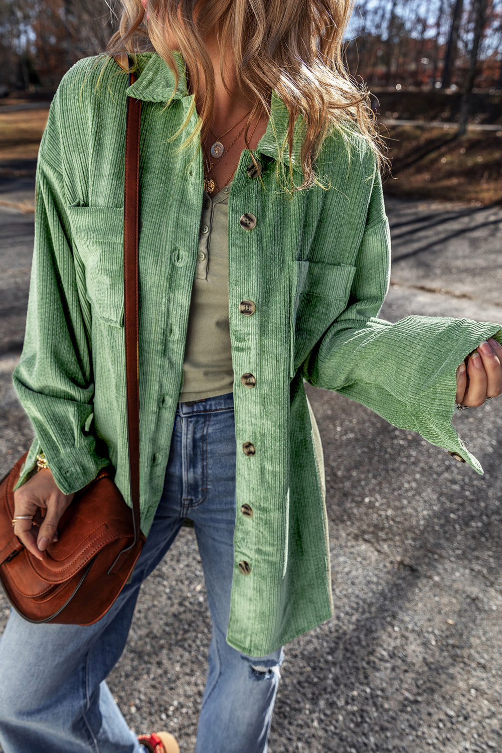 Mist Green Patched Pocket Button Up Corduroy Shacket - Glimmer Road