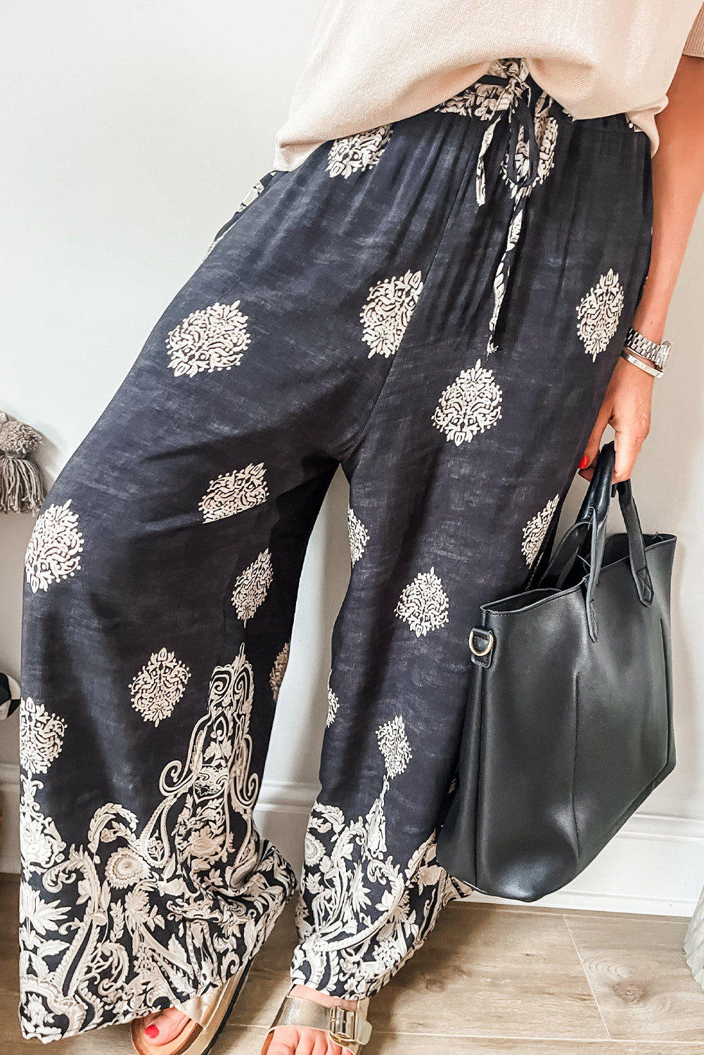 Black Bohemian Printed Drawstring Waist Wide Leg Pants - Glimmer Road