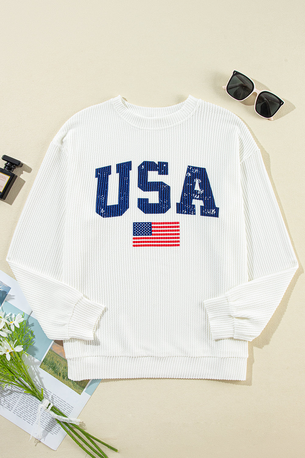 White USA Flag Corded Graphic Sweatshirt - Glimmer Road