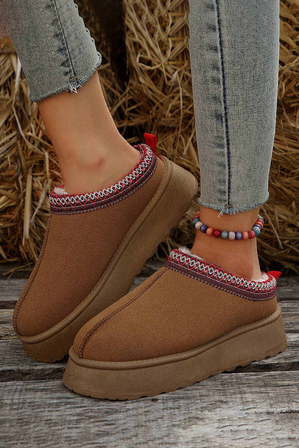 Chestnut Contrast Print Suede Plush Lined Snow Boots - Glimmer Road