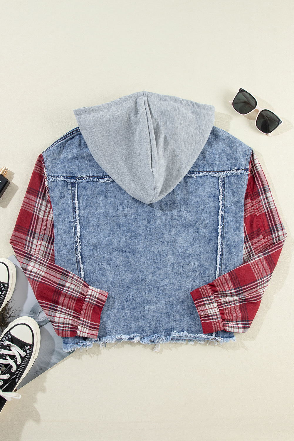 Beau Blue Plaid Print Patchwork Hooded Raw Hem Denim Jacket - Glimmer Road
