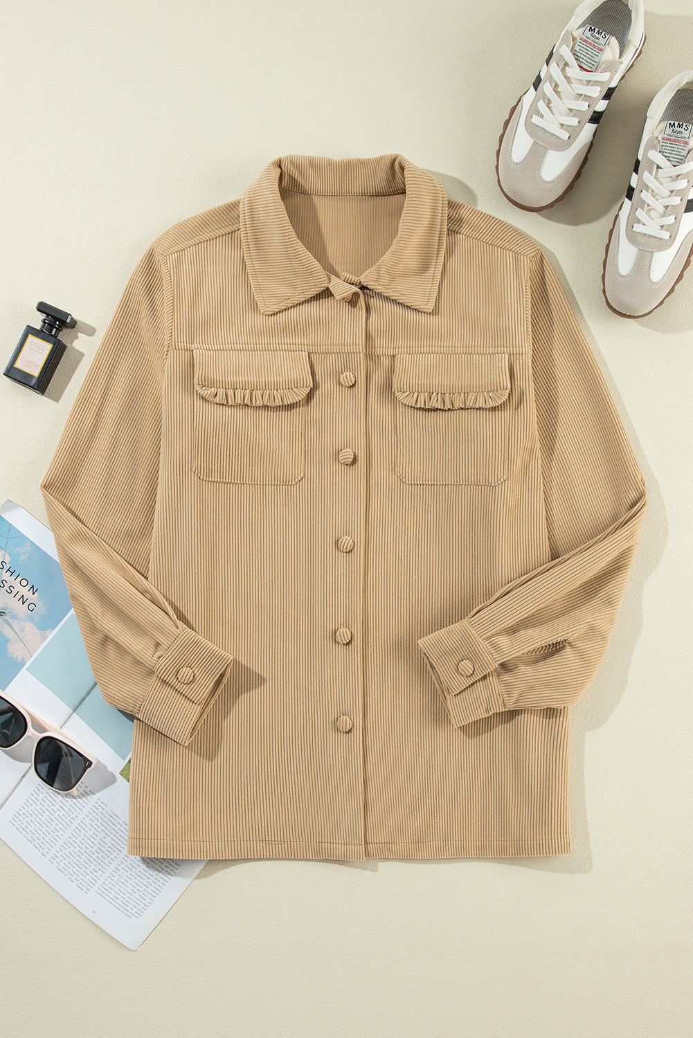 Light French Beige Solid Frilled Flap Pocket Button Up Corduroy Shacket - Glimmer Road