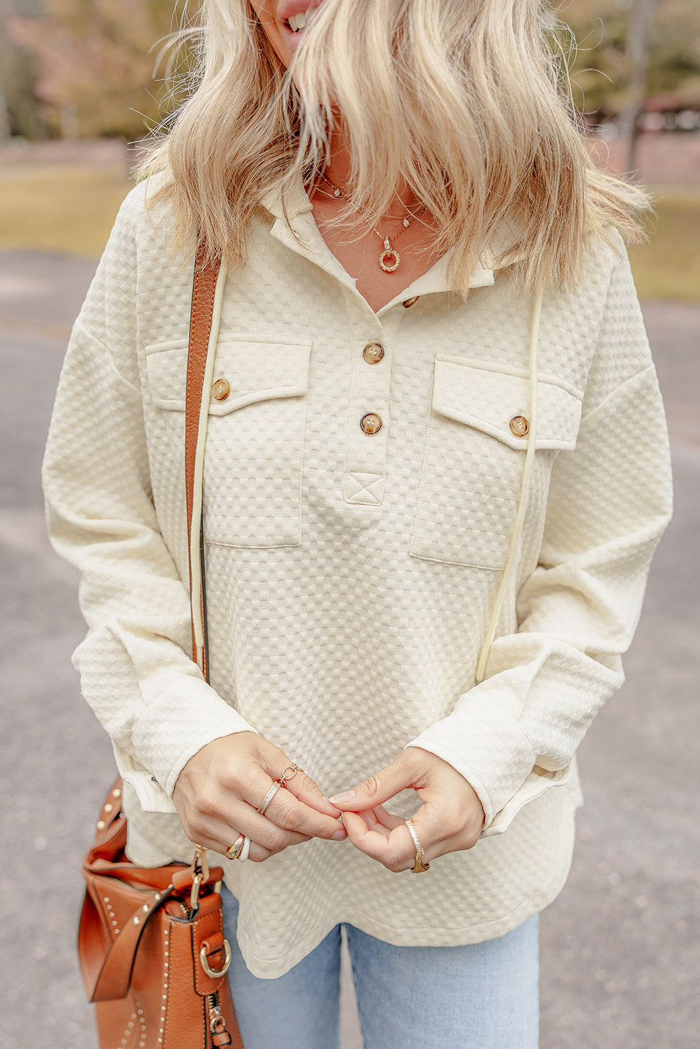 Apricot Textured Buttoned Neckline Side Pockets Hoodie - Glimmer Road