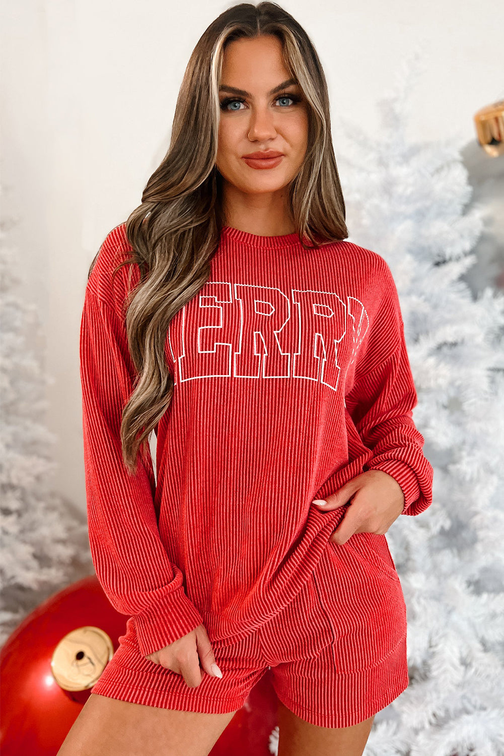 Racing Red Corded MERRY Graphic Long Sleeve Top and Shorts Set - Glimmer Road