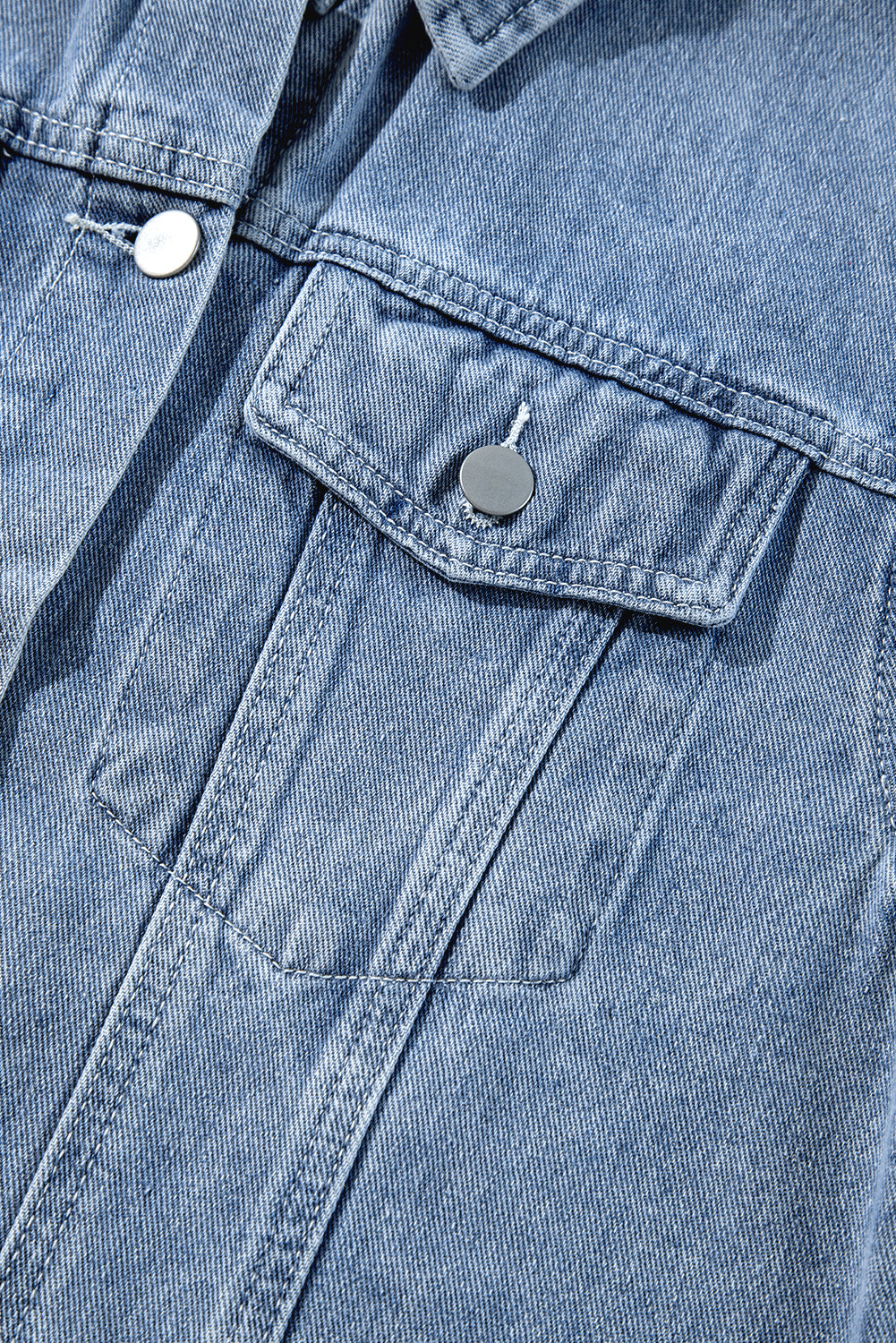 Beau Blue Ruffle Raw Hem Flap Pockets Denim Jacket - Glimmer Road