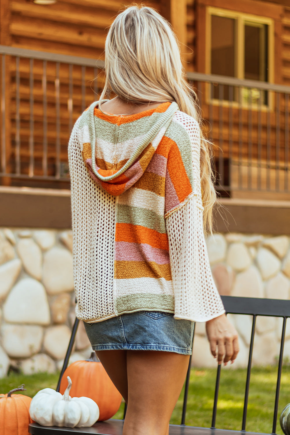 Beige Oversized Colorblock V Neck Hooded Sweater - Glimmer Road
