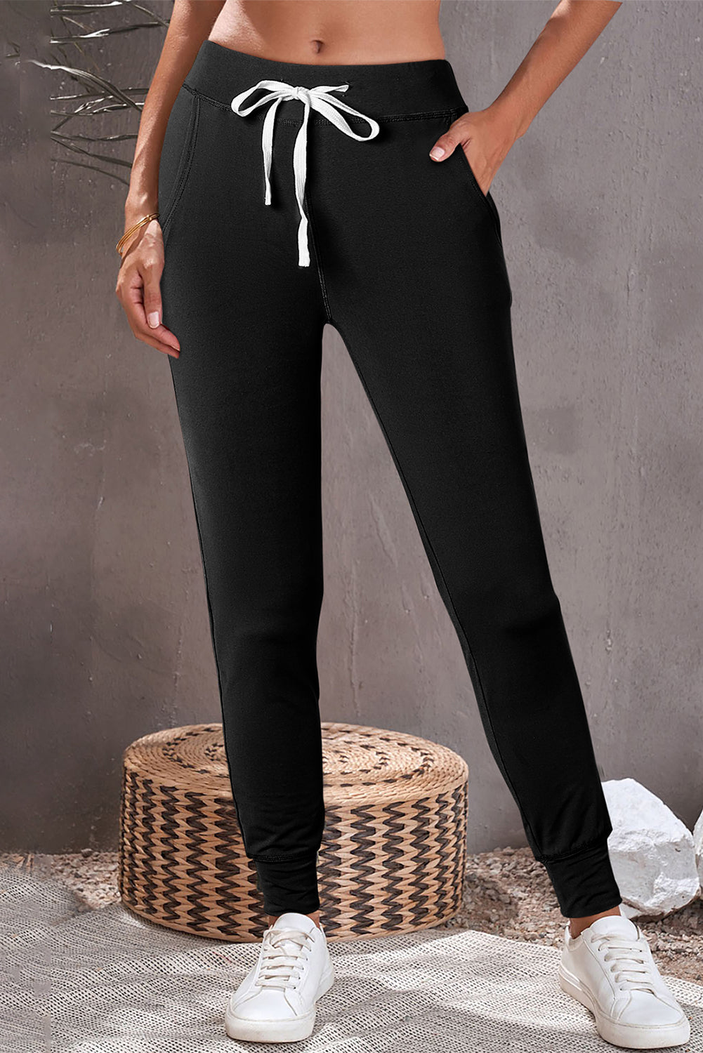 Black Drawstring Waist Pocketed Joggers - Glimmer Road