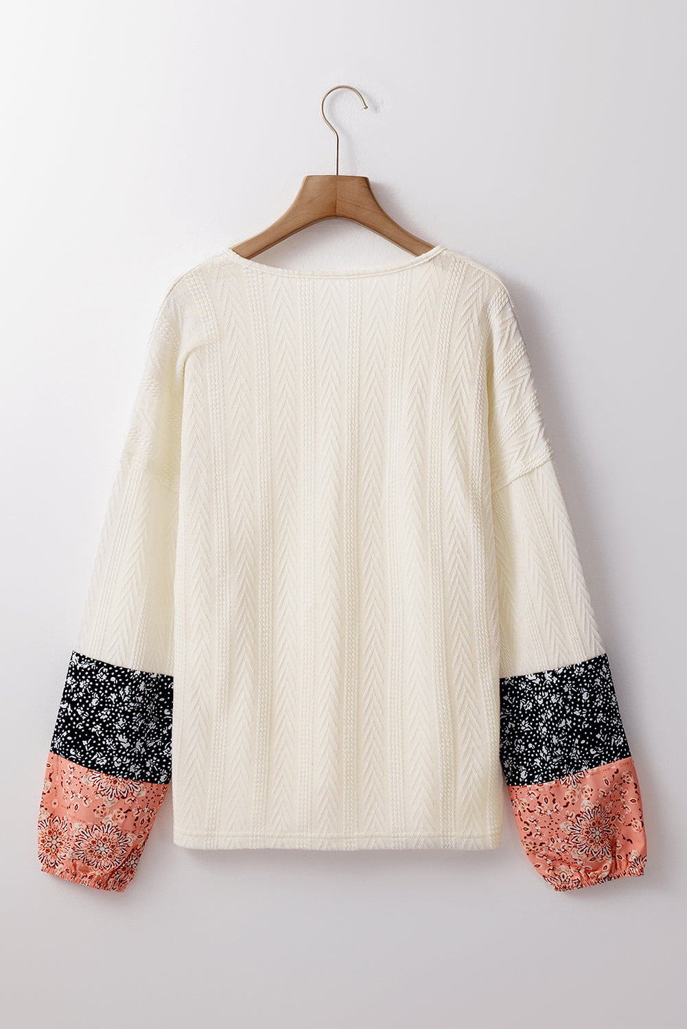 Black Floral Patchwork Textured Knit Drawstring V Neck Blouse - Glimmer Road