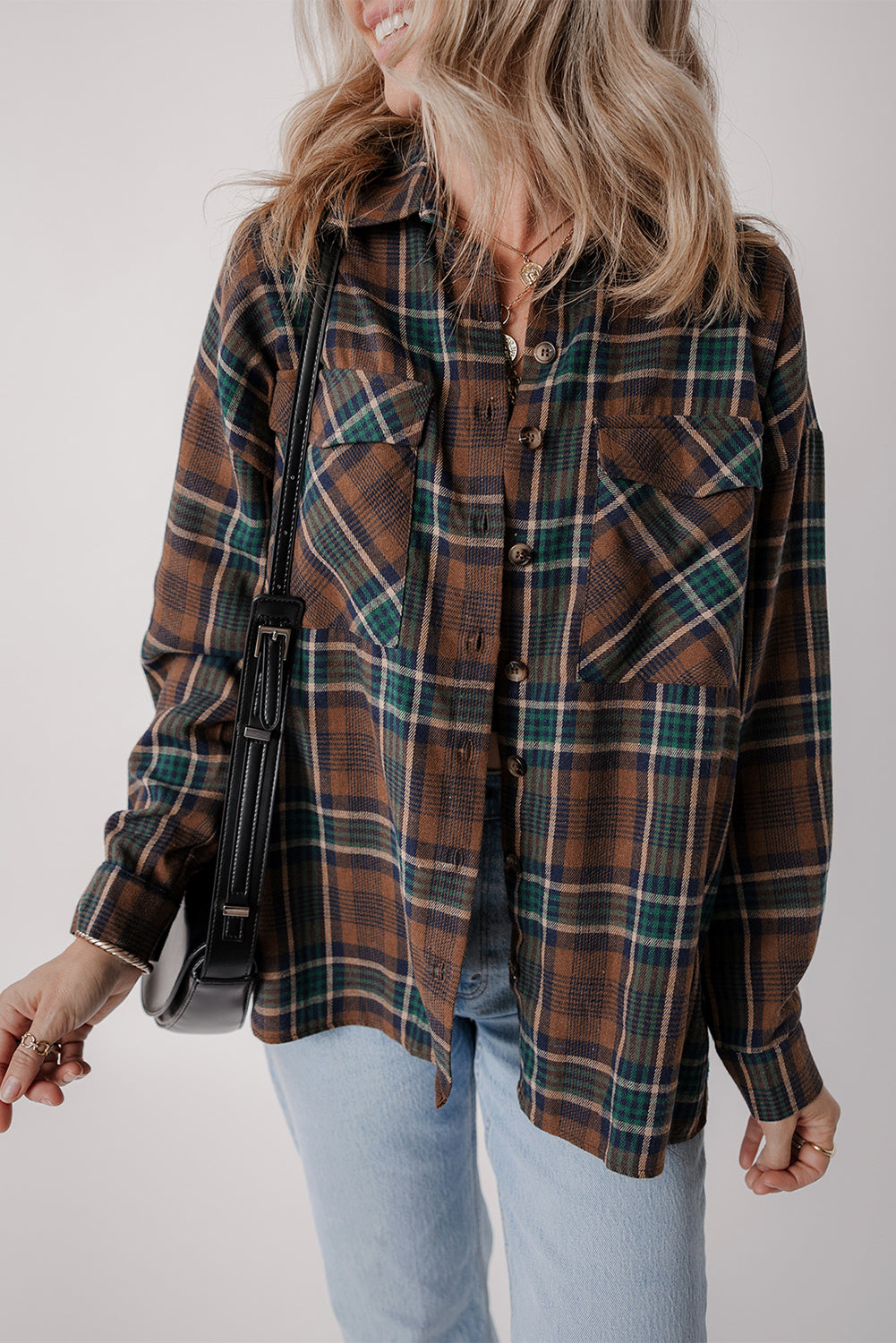 Brown Plaid Print Chest Pockets Buttoned Shirt Jacket - Glimmer Road