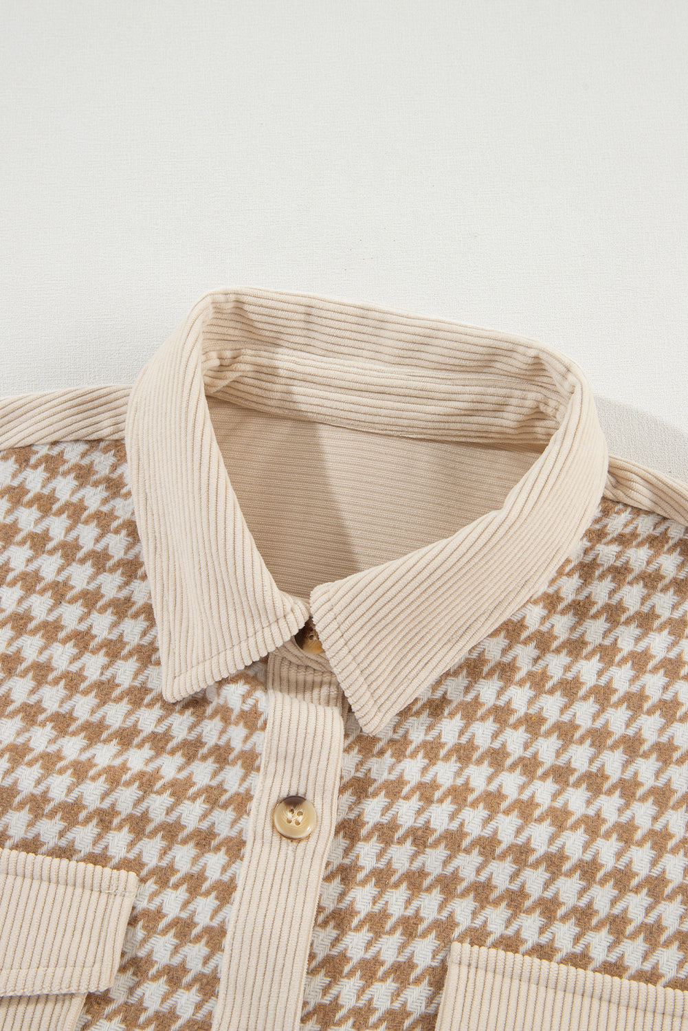 Parchment Houndstooth Corduroy Patchwork Flap Pocket Shacket - Glimmer Road