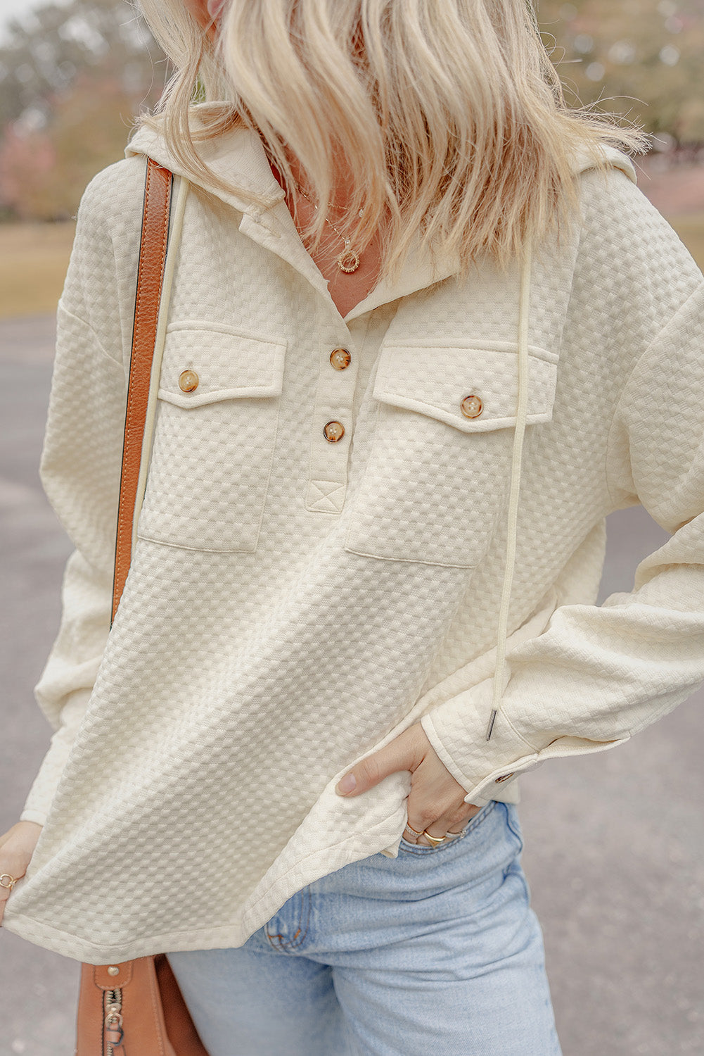 Apricot Textured Buttoned Neckline Side Pockets Hoodie - Glimmer Road