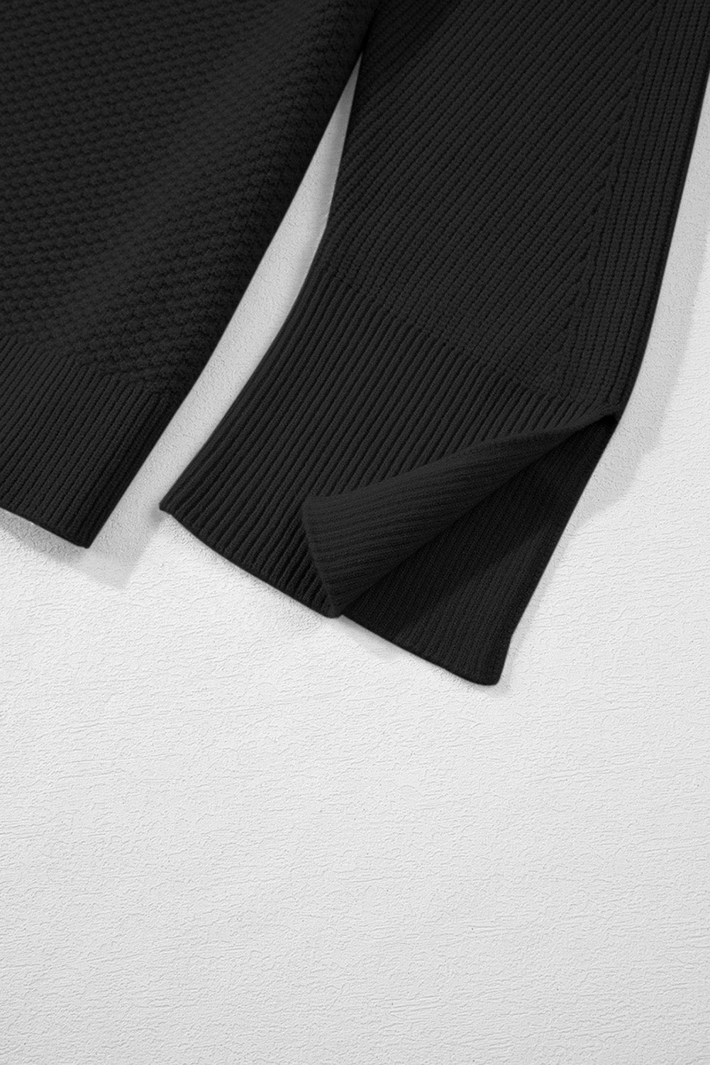 Black Solid Textured Knit Split Cuff Drop Shoulder Loose Sweater - Glimmer Road