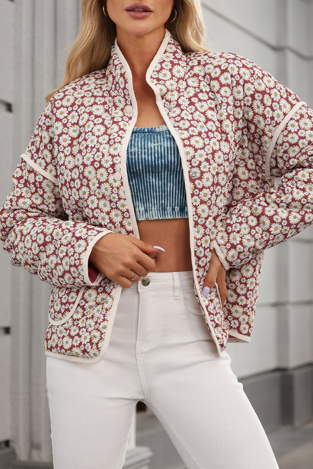 Pink Floral Print Contrast Edge Stand Neck Coat - Glimmer Road