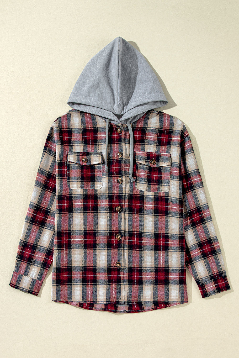Red Plaid Print Chest Pocket Buttoned Hooded Shacket - Glimmer Road