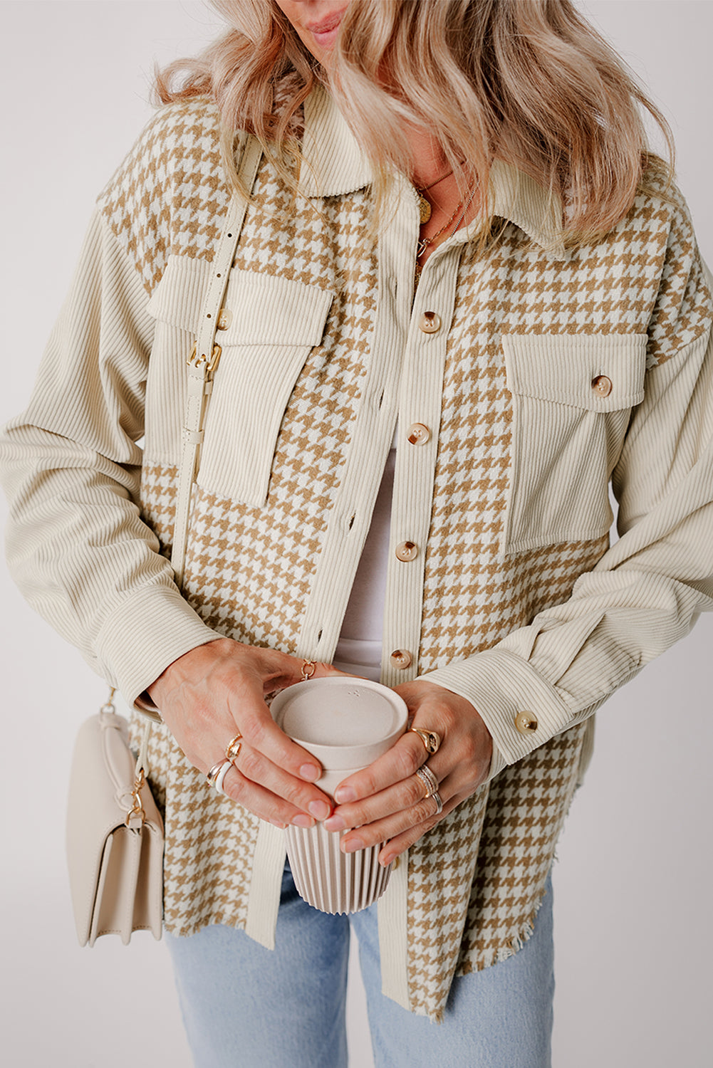 Parchment Houndstooth Corduroy Patchwork Flap Pocket Shacket - Glimmer Road