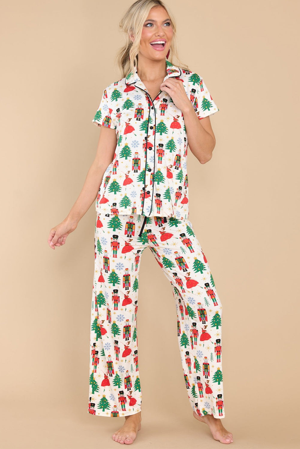 White Printed Christmas Pattern Buttoned Two Piece Sleepwear - Glimmer Road