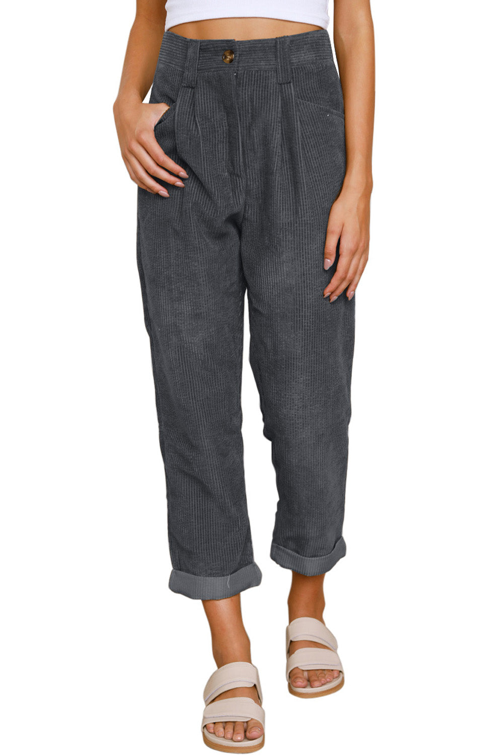 Gray Corduroy High Waist Straight Leg Pants - Glimmer Road