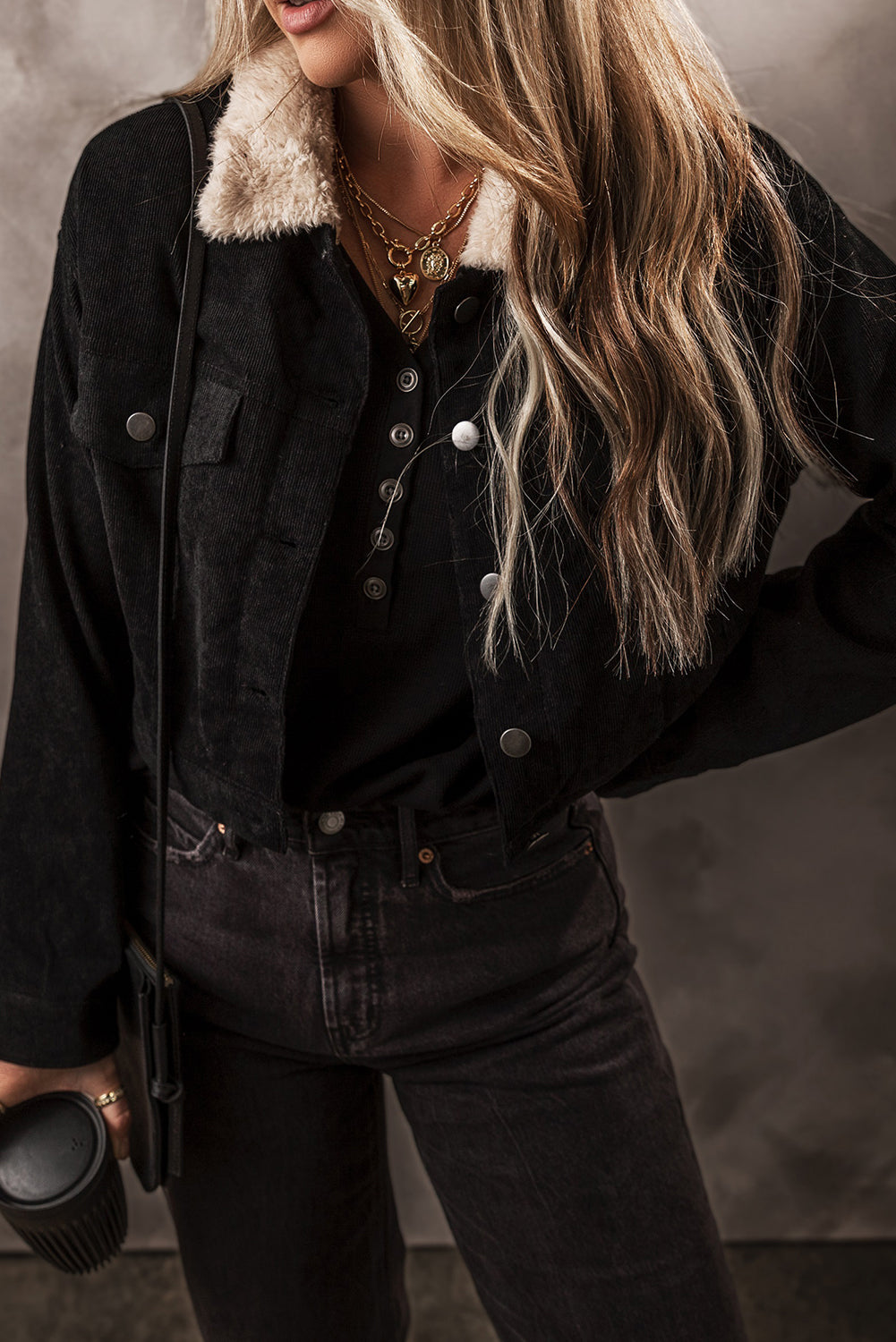 Black Fleece Lined Button-up Collared Corduroy Crop Jacket - Glimmer Road