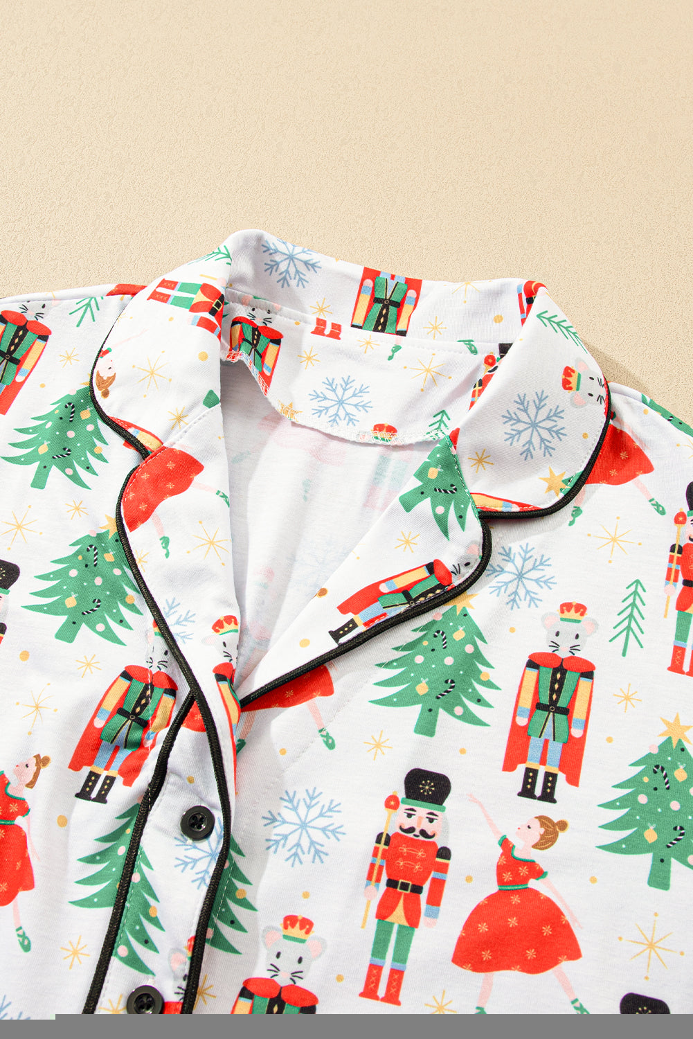 White Printed Christmas Pattern Buttoned Two Piece Sleepwear - Glimmer Road