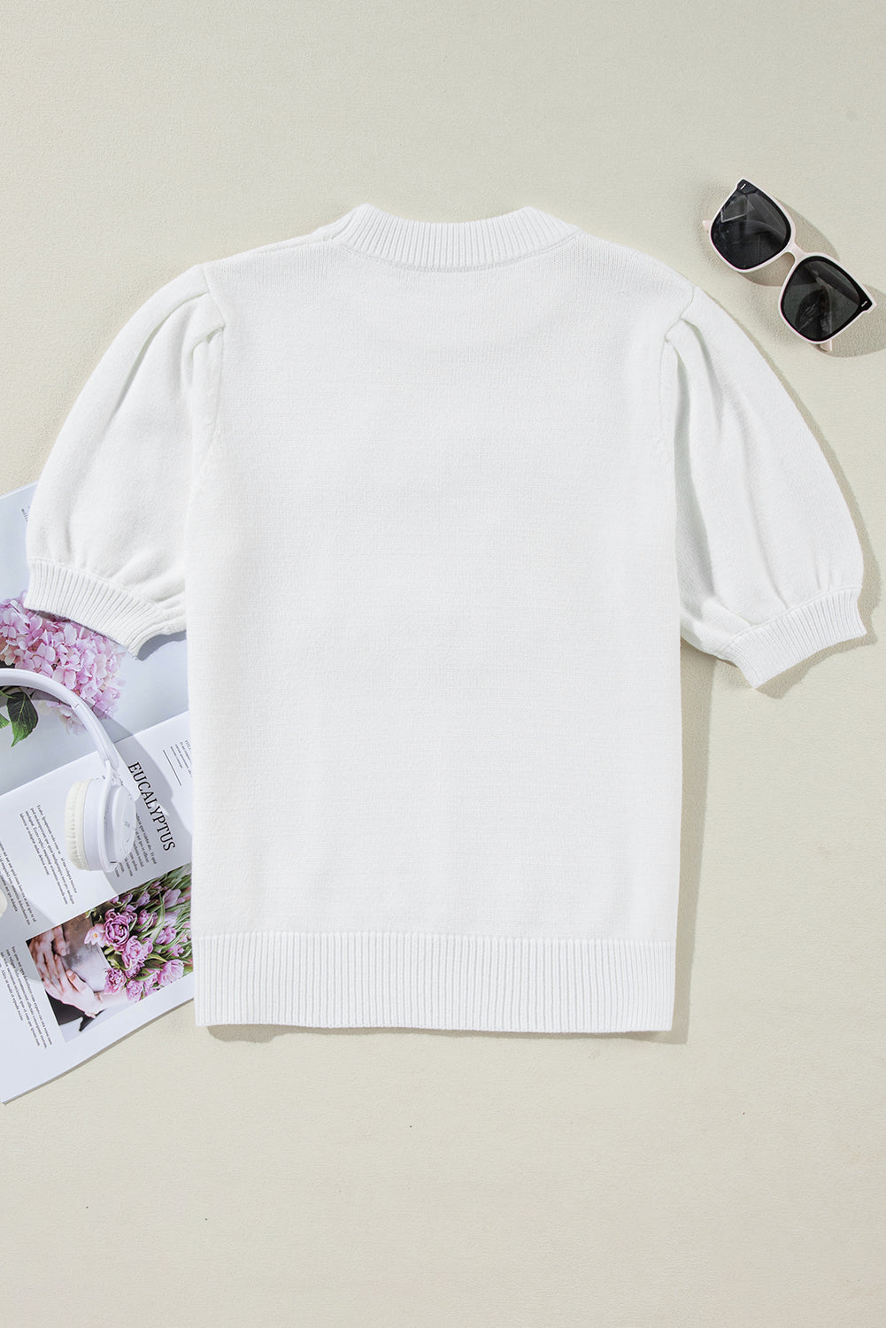 White Touchdown Tinsel Puff Short Sleeve Crew Neck Sweater - Glimmer Road