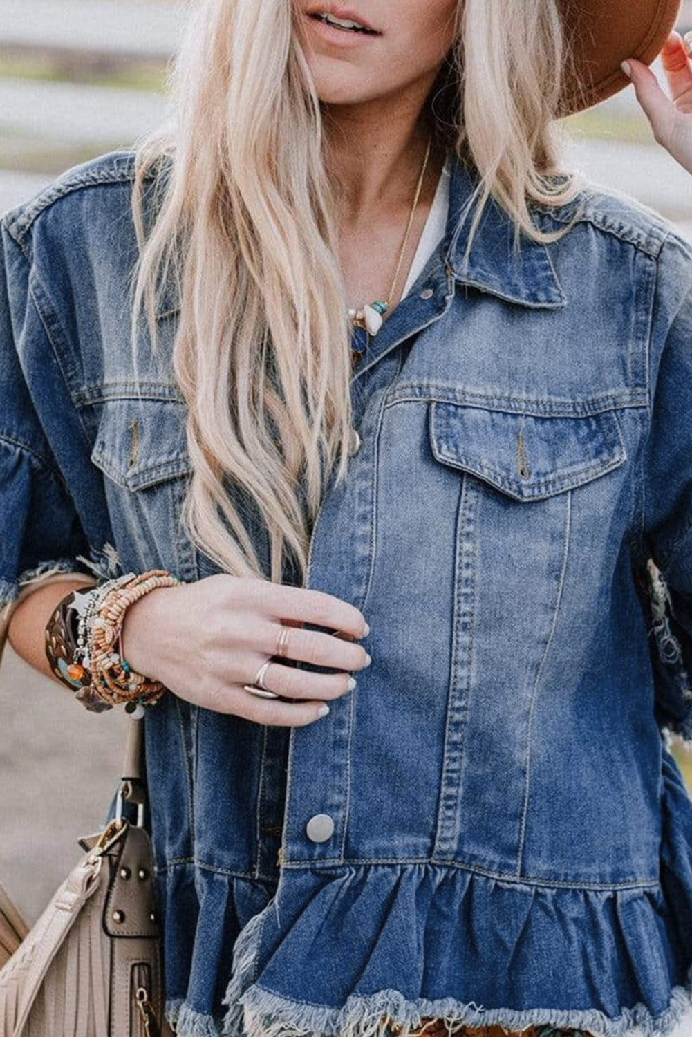 Peacock Blue Raw Edge Ruffled Short Sleeve Denim Jacket - Glimmer Road