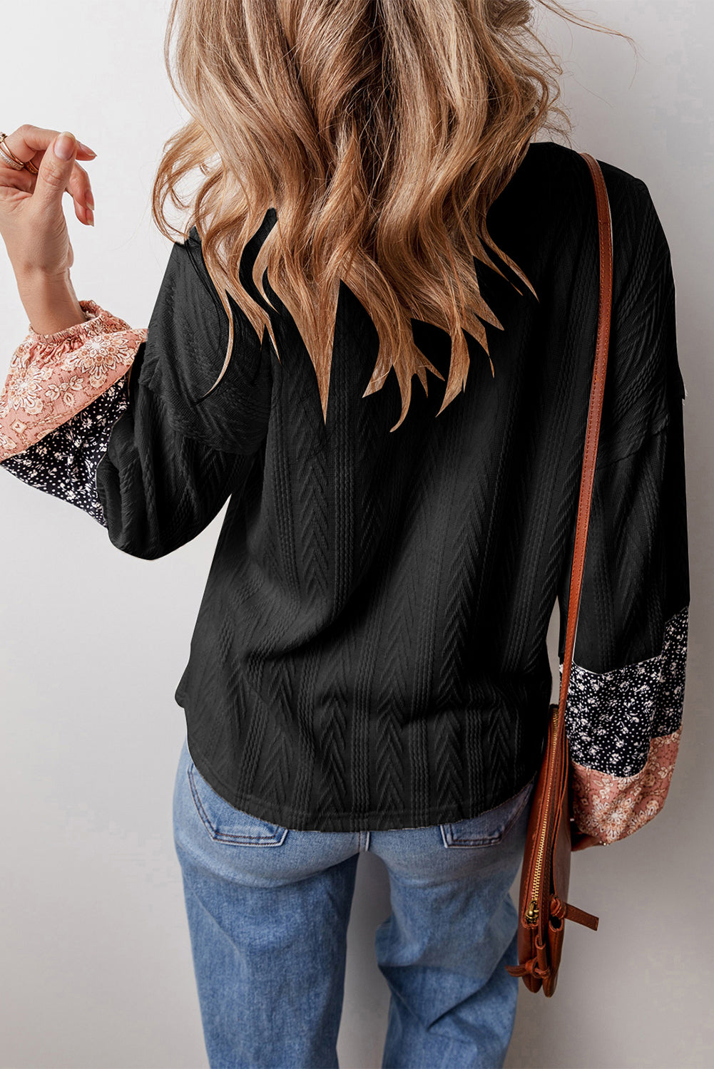 Black Floral Patchwork Textured Knit Drawstring V Neck Blouse - Glimmer Road