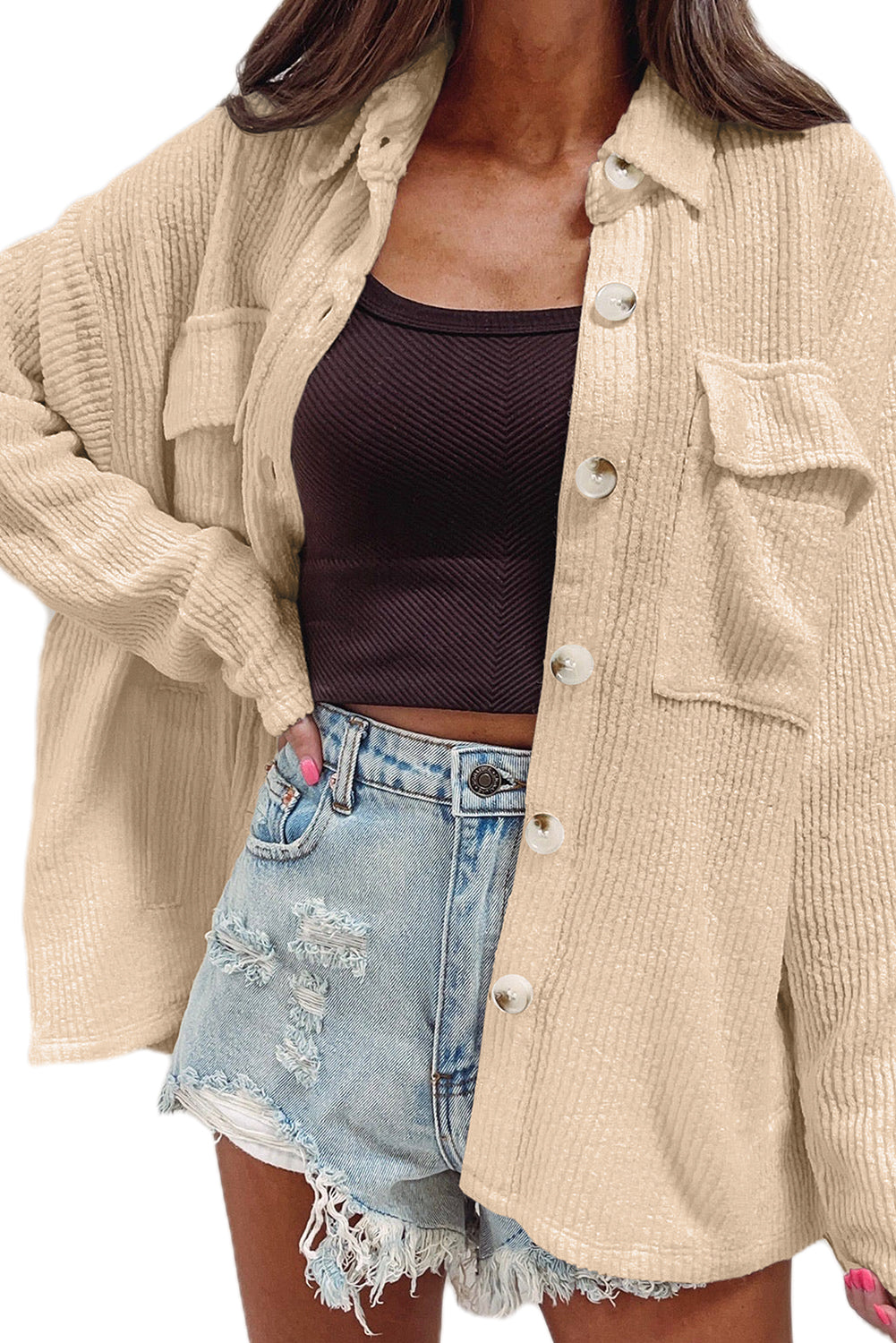 Dark Khaki Solid Color Corduroy Buttoned Long Sleeve Shacket - Glimmer Road